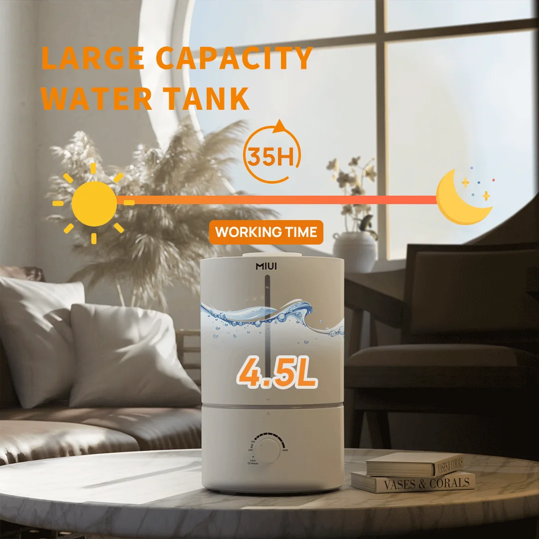 MIUI 4.5L Humidifier for Large Room Cool Mist Ultrasonic Humidifier Silent Air Humidification for Home & Office 20~30㎡ White