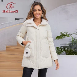 HaiLuoZi 2023 New Women's Jacket Hood With Fur Short Warm Winter Outwear Little Purse Design Zipper Quilting Women Coat 3062