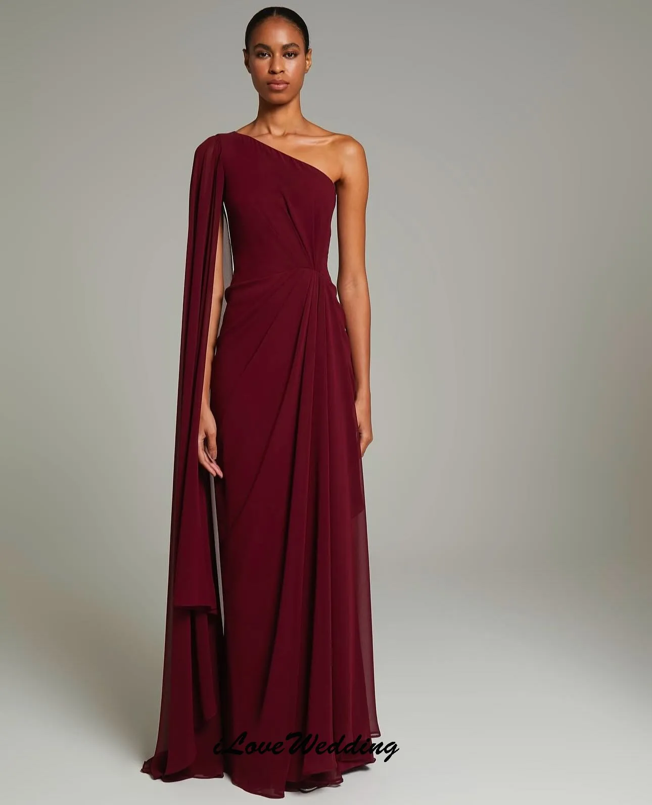 

Burgundy One Shoulder Chiffon Long Evening Dresses 2025 Elegant Woman Party Dress Formal Ribbons Prom Dresses Gala Customized