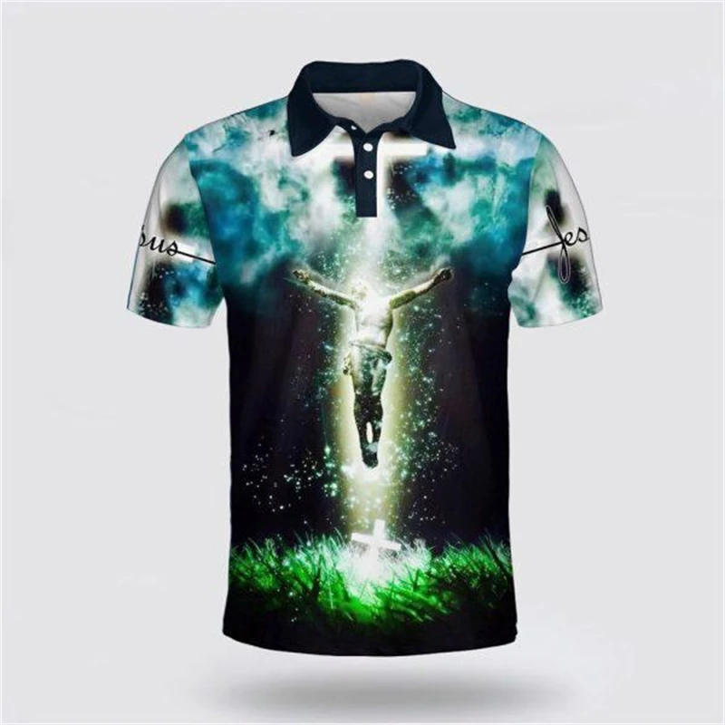 Jesus Christ Men\'s Polo Shirts 3D Printed T Shirt For Men Lapel Short Sleeve Oversized Baggy Clothes Male Harajuku Vintage Shirt