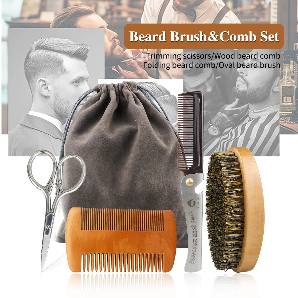 Professional Barber Men Shaving Brush Comb Kits Wood Soft Boar Bristle Beard Brush Mustache Comb Kit With Gift Bag Hair Comb Set