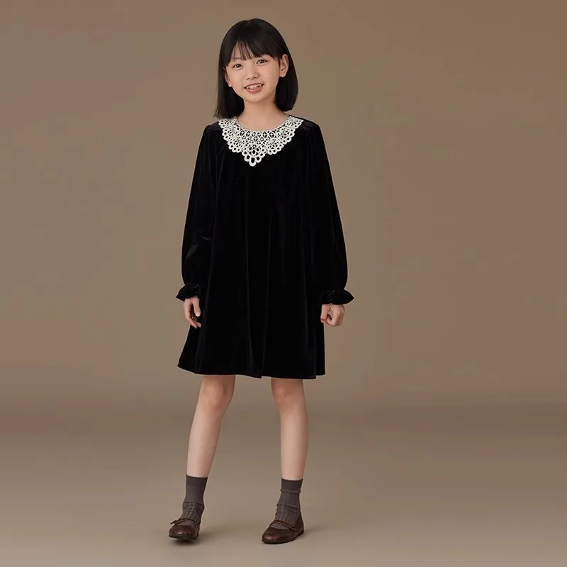 2024 Fall Childern Clothing Girl\'s Dress New Long Sleeve Lace Peter Pan Collar Long Sleeve A-line Swing Dress