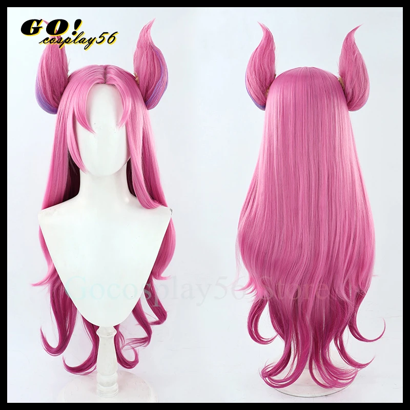 Stern Wächter Kaisa Cosplay Perücke Hörner LoL Neue Haut Gradienten Rosa Synthetische Haar 90cm Lange Gerade Wellenförmige Kai'Sa Headwear