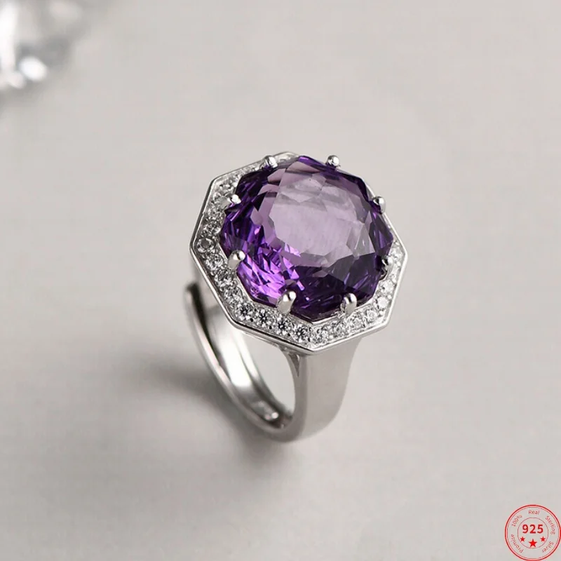 

S925 Sterling Silver Charms Rings for Women New Fashion Tangent Plane Natural Amethyst Inlaid Micro Zircon Jewelry Free Shipping