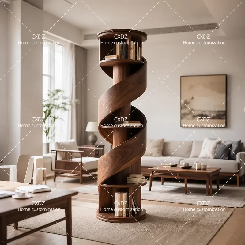 New Chinese Style Black Walnut Spiral Bookshelf Song Aesthetic Special Shaped Rotating Bookcase Integrated Storage Furniture
