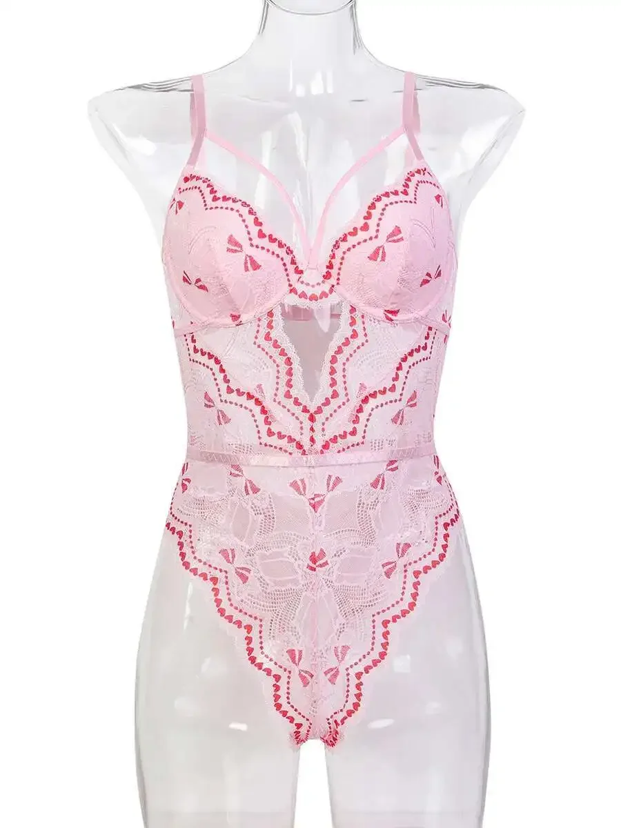 Back Buttock Bow Hollow Sexy bodysuits Lace Contrasting Color Chest Suspender Transparent Inner Charming Beautiful Women M1TD