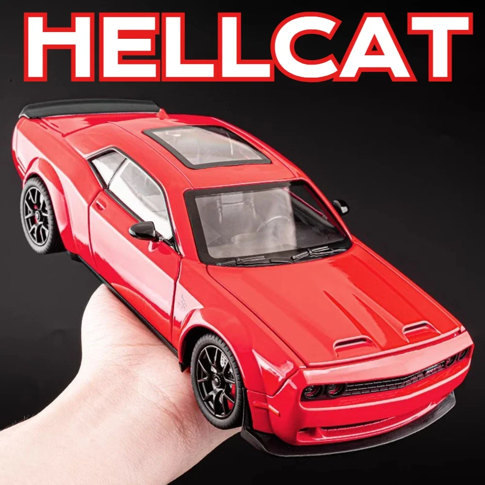 1:24 Scale Dodge Challenger Hellcat Sports Car Model Toy Alloy Diecast Sound Light Pull Back Shock Absorption Vehicle Kids Gifts