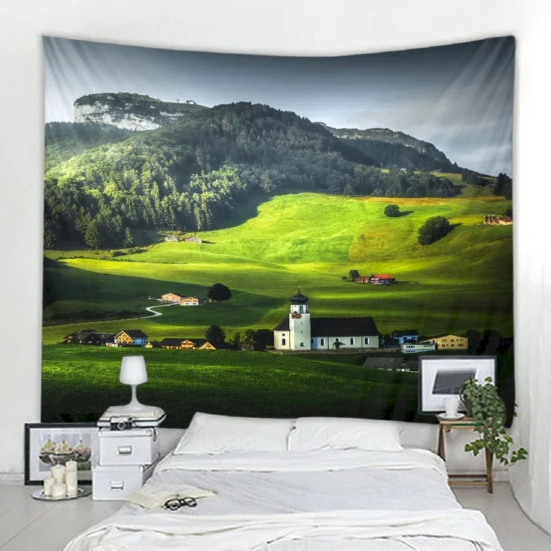 VIKAMA Grassland Village Tapestry Landscape Wall Hanging Bedroom Living Room Background Cloth Home Wall Decoration
