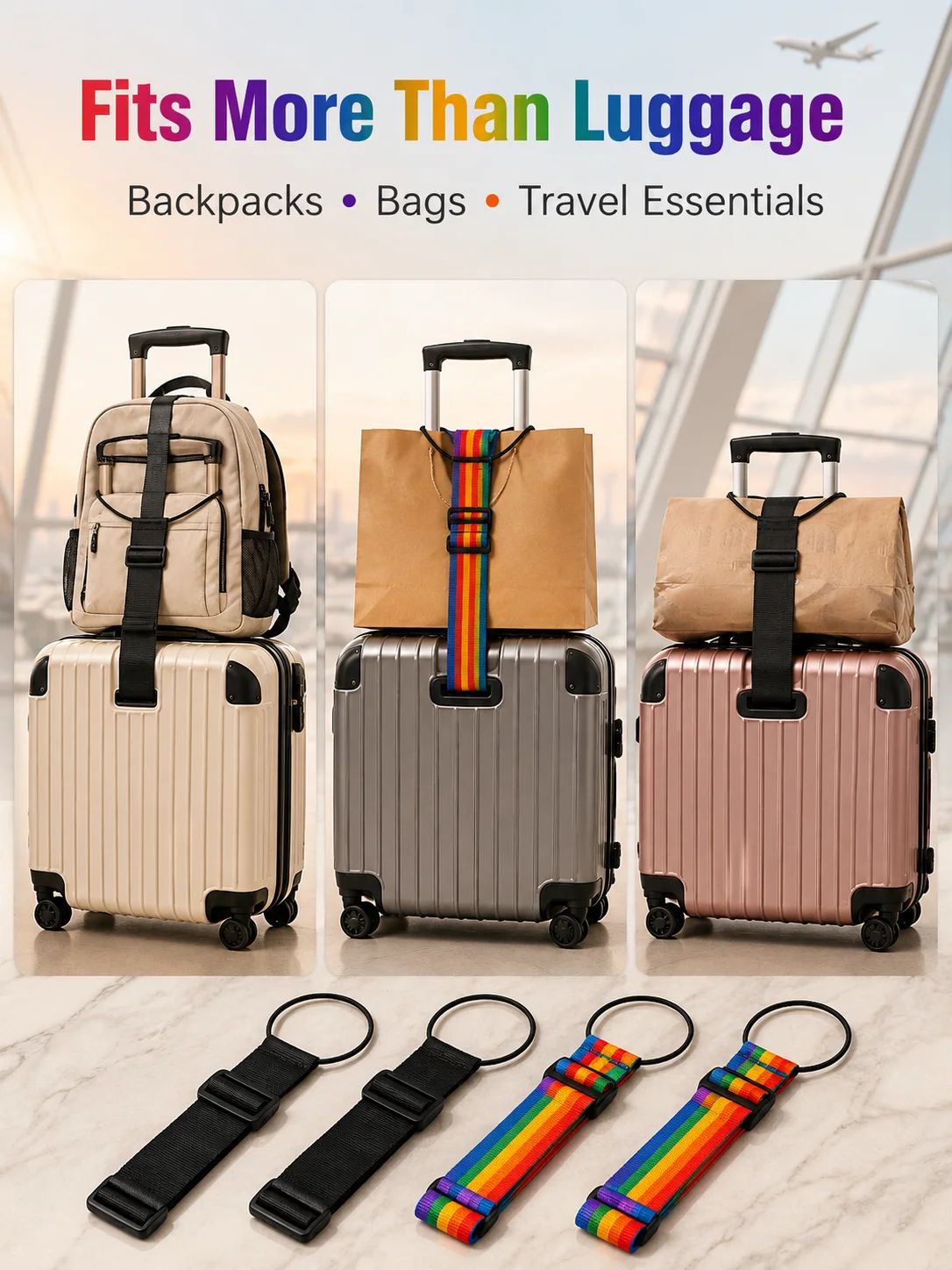 Travel Suitcase Connecting Belt Rainbow Black Luggage Fix Strap Adjustable Buckle Bag Holder Strap For Airport Trip Accessories
