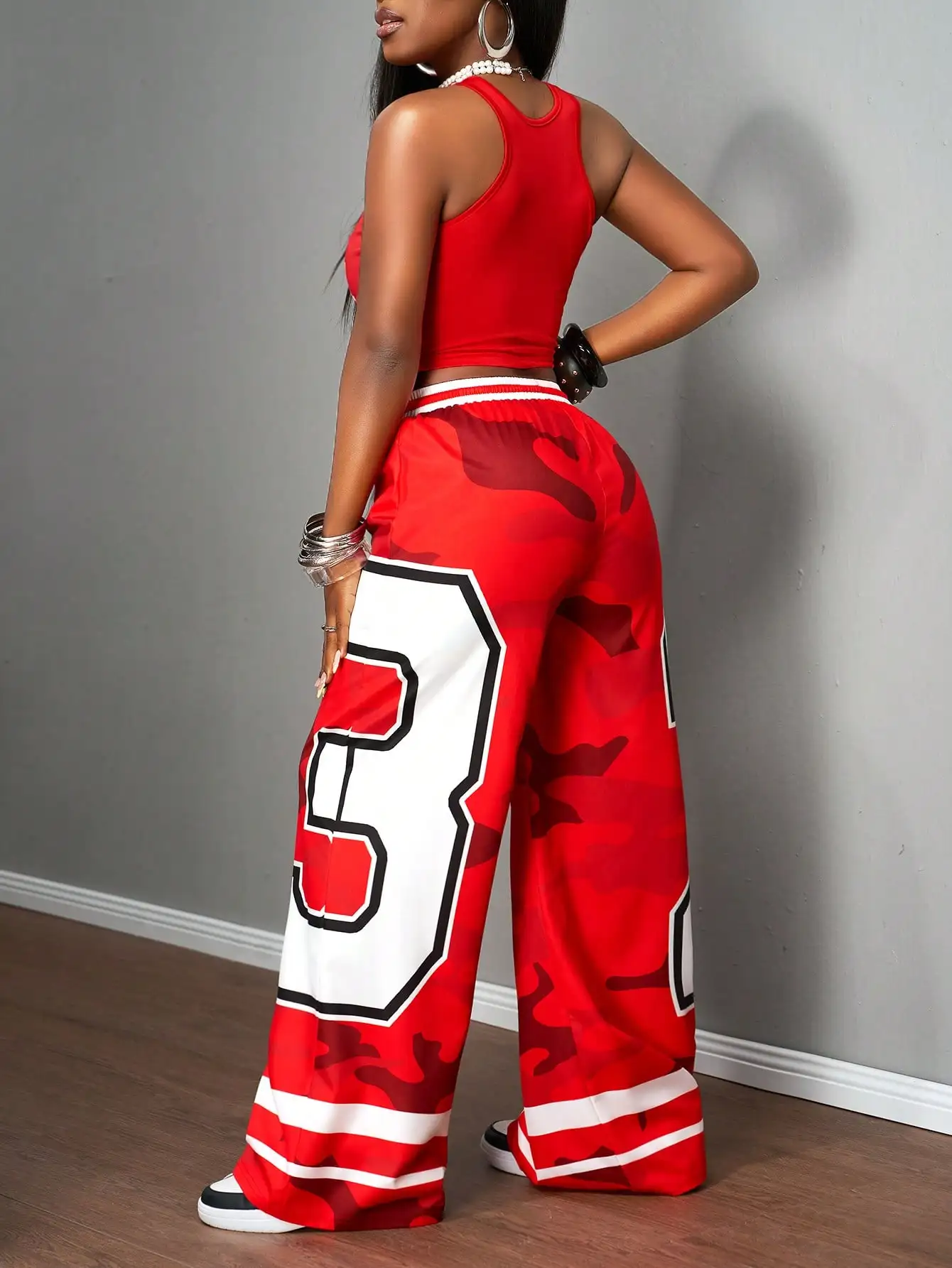 Red 'Not Your Average Girl' Crop Top & Wide-Leg Camo Print Pants Set - Streetwear Two Piece