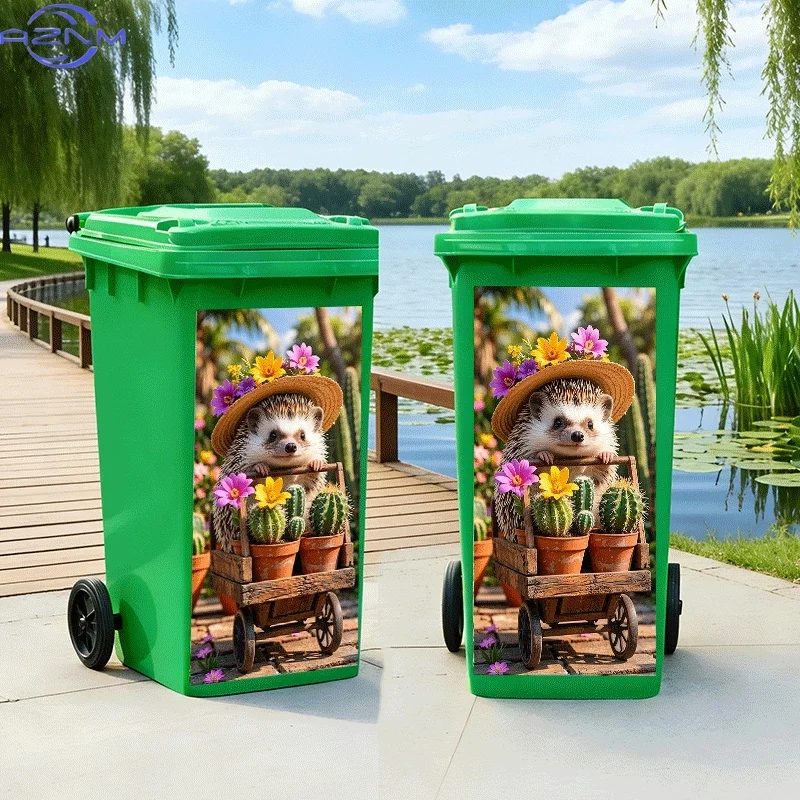 2D Flat Printing 1pc Trash Can Sticker, Hedgehog Pushing a Flower Cart to Enjoy Spring Themed Design, Self-Adhesive Wall Decal