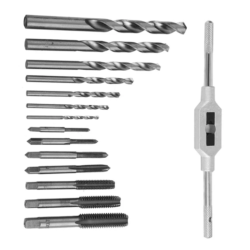 15Pcs Alloy Steel Tap Wrench Screw Taps Twist Drill Bit Set Metal Processing Tools Tap Wrench