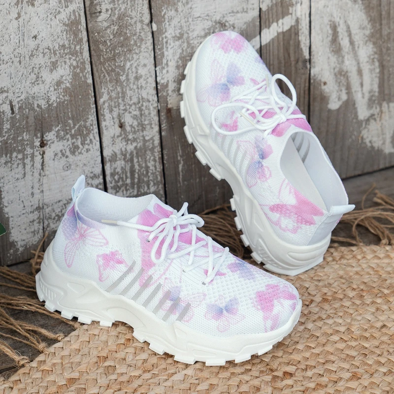 Women Butterfly Print Mesh Sneakers White EVA Platform Shoes Breathable Knit Lace Up Daily Walking Casual Trainers view 4