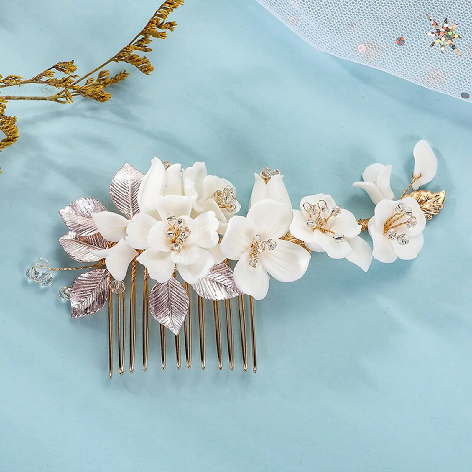

Elegant Ceramics Flower Hair Comb Bride Headband Hair Comb Rhinestone Hairpins Tiara Jewelry Wedding Hair Accessories Gift