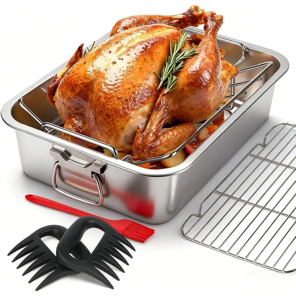 

Набор из 6 предметов: 15,5-дюймовая форма для запекания из нержавеющей стали с V-образной решеткой и охлаждающей подставкой, с кулинарными щипцами и кистью для выпечки, сверхпрочная глубокая форма для запекания