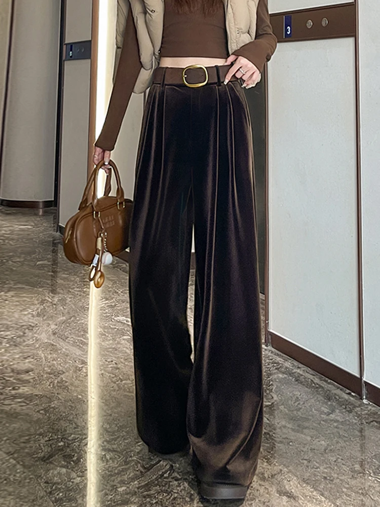 Spodnie damskie z wysokim stanem, szerokimi nogawkami, z złotego aksamitu, luźne, codzienne, jesienno-zimowe, nowe spodnie garniturowe, zwiewne, luźne, długie spodnie.