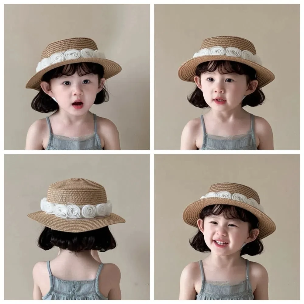 

Trendy Summer Baby Straw Caps French Vacation Flower Lace Straw Hat Travel Beach Children Sun Hat 2-6 years