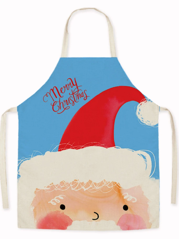 Merry Christmas Pattern Linen Hand Wipe Sleeveless Waist Apron Adult Children Home Festival Decor Kitchen Cooking Tablier