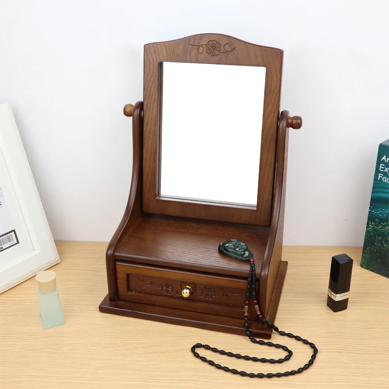 Wooden Desktop Makeup Mirror Storage Organizer Vintage Dressing Table Mirror for Girls Vanity Mirror 360° Rotatable