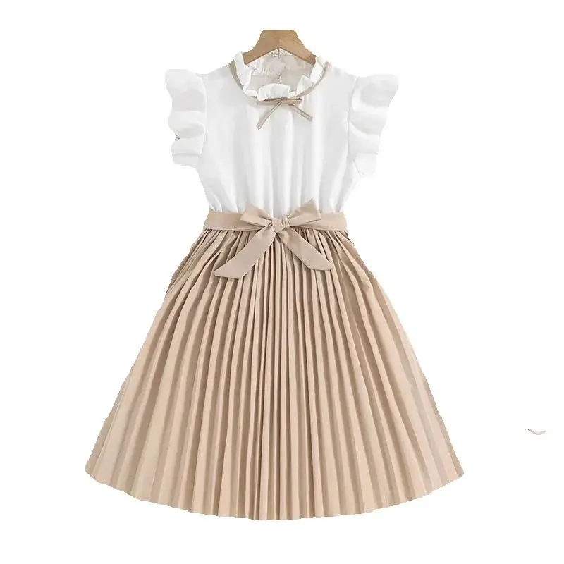Süßes und elegantes Kleid mit Spitzenkragen und fließenden Ärmeln für Mädchen im Alter von 4 bis 13 Jahren, mit plissiertem Rock und Gürtel, ideal für den Sommer. – Detail 12