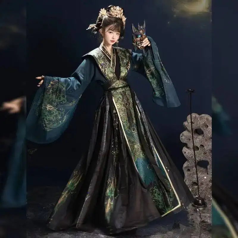

Dark Black Hanfu for Men Women Ethnic Exotic Style Cross Collar Printing Clothing Traditional Chinese Hanfu Carnival COS Outfits