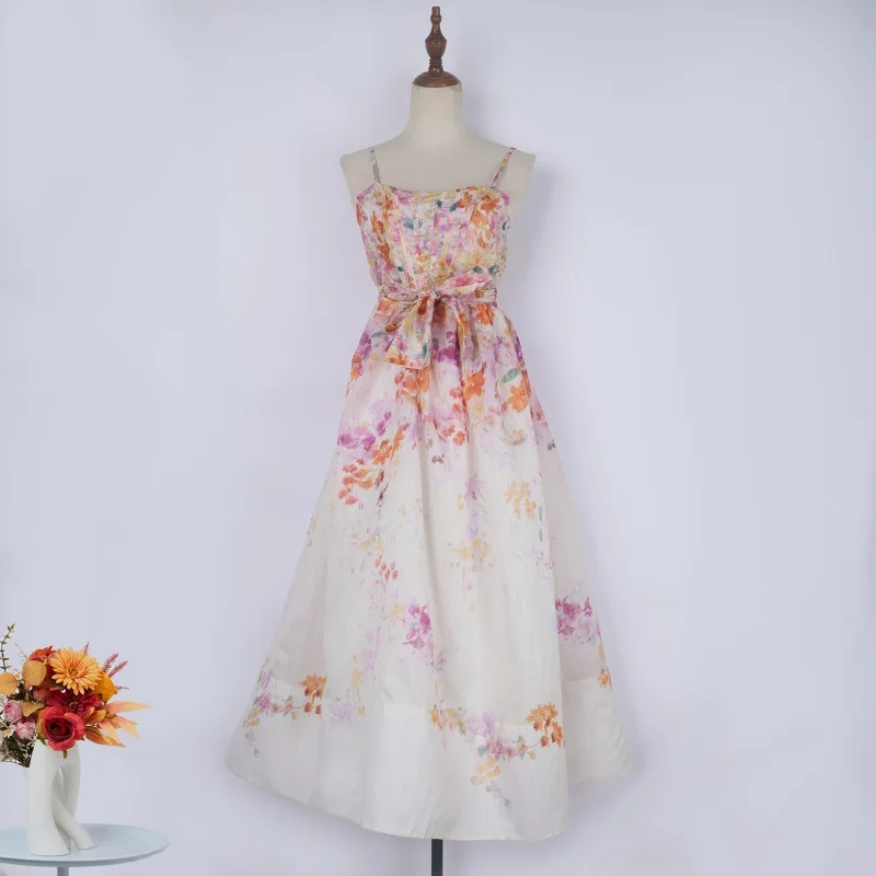 

Design Sense Print Halter High-end Dress Women's Waist Lace-up Holiday Wind Dress