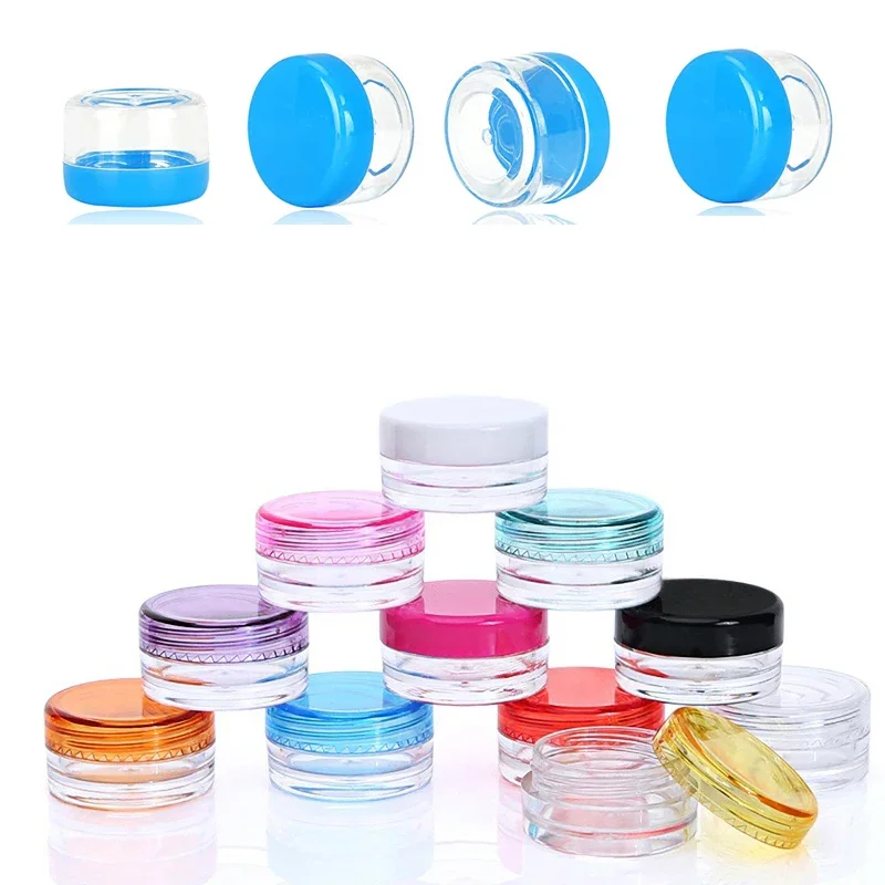50개 2g-20g 원형 투명 플라스틱 샘플 용기 다양한 색상 뚜껑 휴대용 여행용 크림 로션 글리터 용기