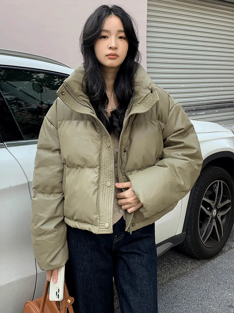 

Large Size een Cotton Jaet Winter PU Leather ort Quilted High Waist Stand Collar Loose Cotton Coat Petite Size