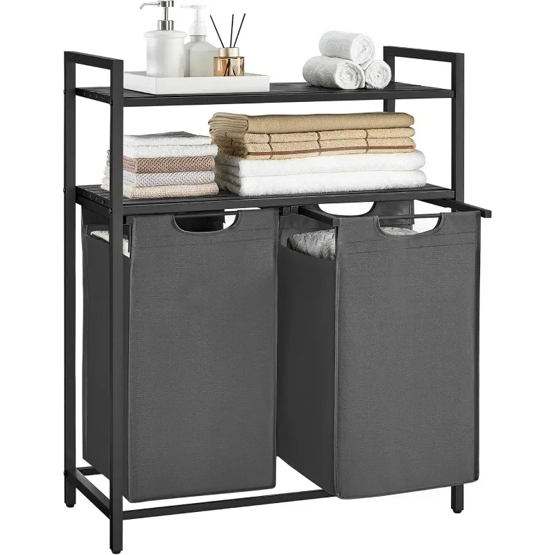 

Laundry Hamper, Laundry Basket, Laundry Sorter with 2 Pull-Out and Removable Bags, 2 Shelves, 12.1 Gal (46L) Capacity per Bag
