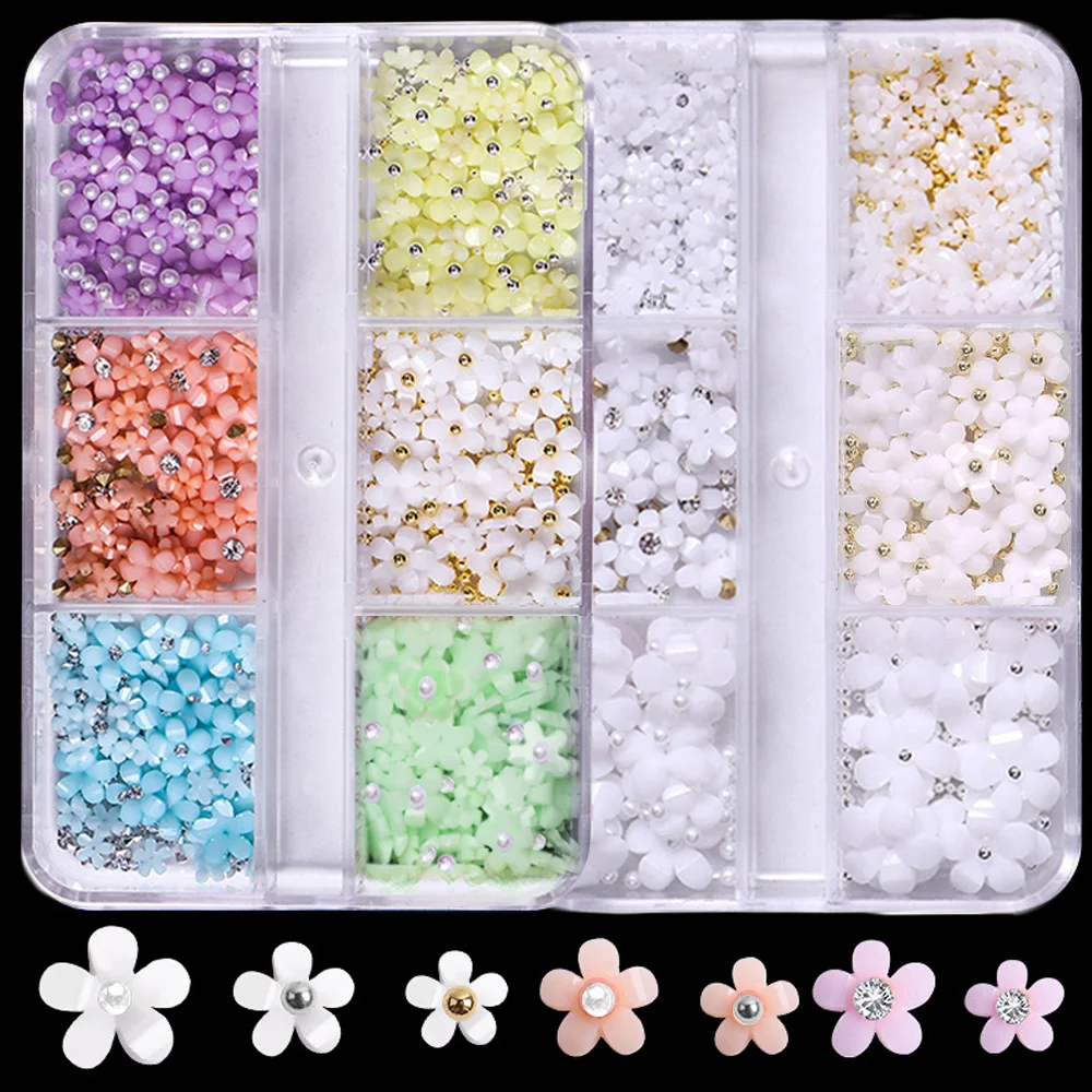 Hot Selling 6 Grids Macaron 3D Resin Five-petal Flowers Nail Art Deaoration Mixed Small Nail Ball/Crystal/Flamer Accessories