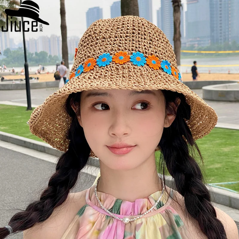 Topi jerami lebar bunga aster kecil korea topi Bucket pelindung matahari musim panas wanita topi matahari lipat luar ruangan pantai