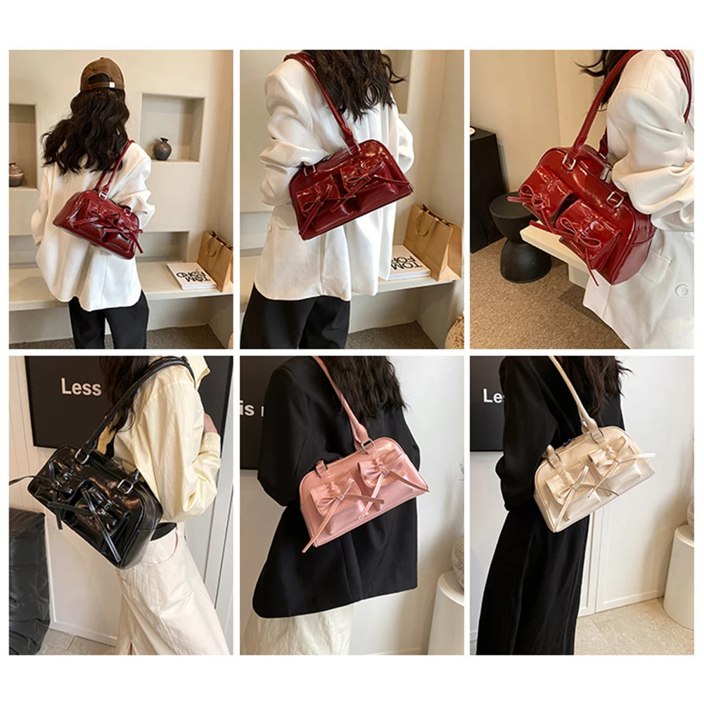 

Women Trendy Handbags Double Pockets PU Leather Fashion Shoulder Bag with Bow Stylish Underarm Bag Solid Color for Outdoor Party