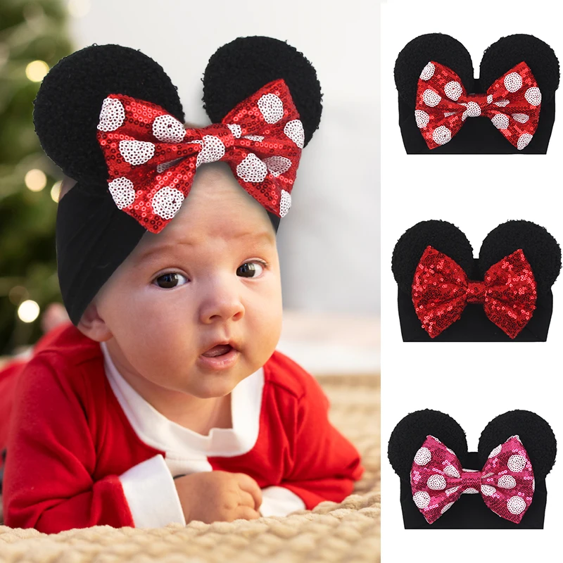 1 Stück Minnie Baby-Haarband, niedliche Glitzer-Schleife, Fotografie-Requisite, Party, Urlaub, winddicht, kältebeständig, Baby-Mütze, Haar-Accessoires