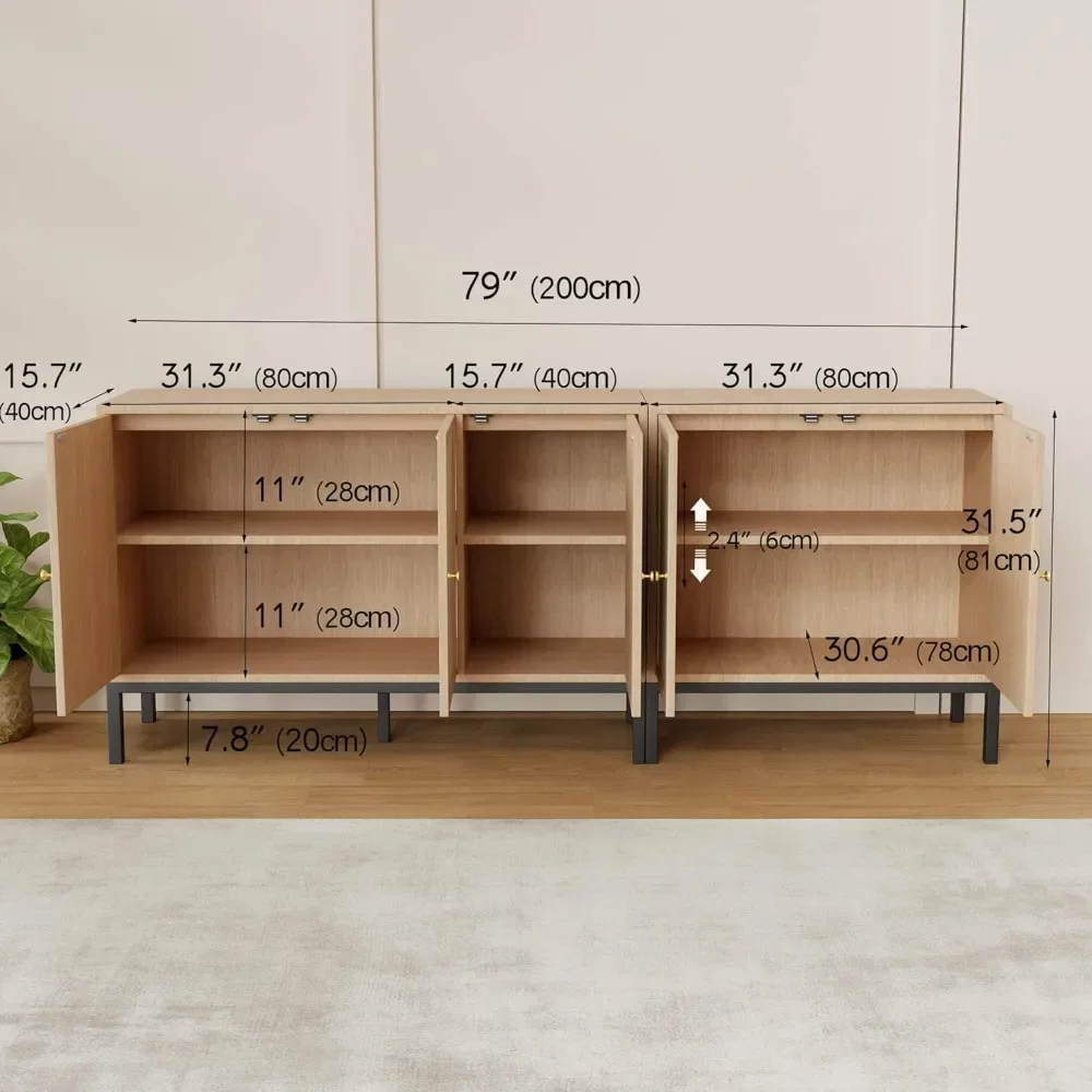 Credenze da 79 pollici con ante, credenza in rovere con contenitore, mobile Buffet in Rattan, credenze