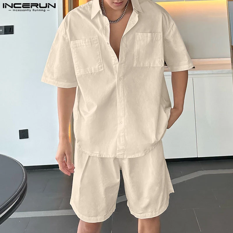 INCERUN Men Sets Solid Color Lapel Short Sleeve Shirt & Shorts Two Pieces Sets Summer Streetwear 2024 Fashion Men\'s Casual Suits