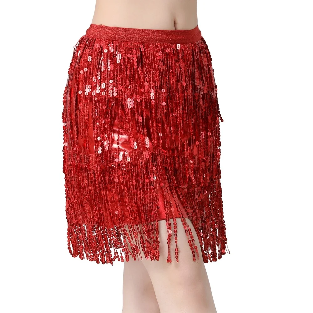 Eleganti gonne con nappe di paillettes di danza del ventre latina per le donne a vita media solido dimagrante India Dancewear Stage Performance Outfits