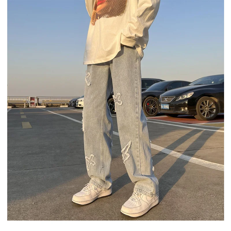 Hip Hop Streetwear Y2k Mens Pants High Street Jeans Baggy Loose Straight Casual Pants 2023 Fashion Male Cross Patch New Trousers