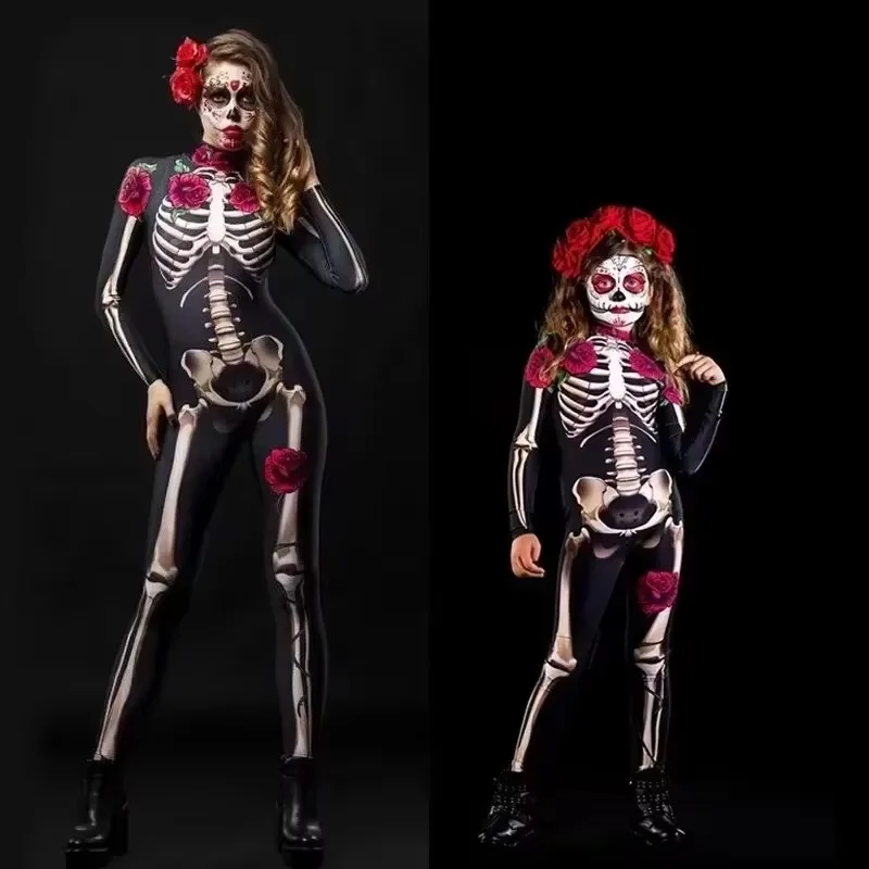 Disfraz de Esqueleto Rosa para Adultos y Niños, Disfraz de Halloween, Cosplay, Traje Sexy, Ropa de Fiesta de Carnaval, Pelele para Bebé Niña, Día de los Muertos