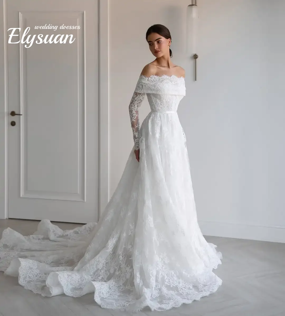 Customized Lace Wedding Dresses Long Sleeve Dress Bespoke Off Shoulder Bridal  Weddings Vestidos