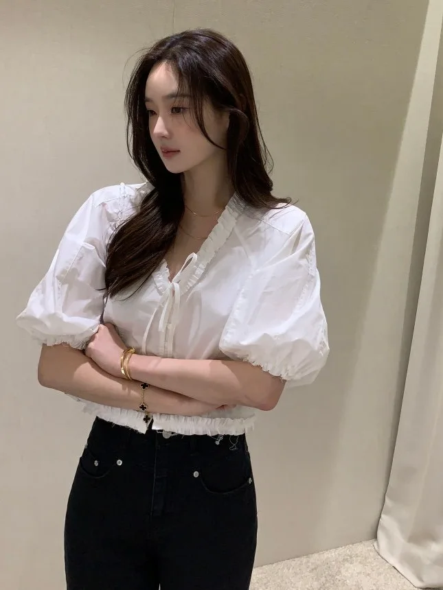 

Chic Summer Thin Bubble Sleeve Shirt Women's Knot Sweet Match Short Top Trendy Cotton Straight Cut V-neck Pure Color