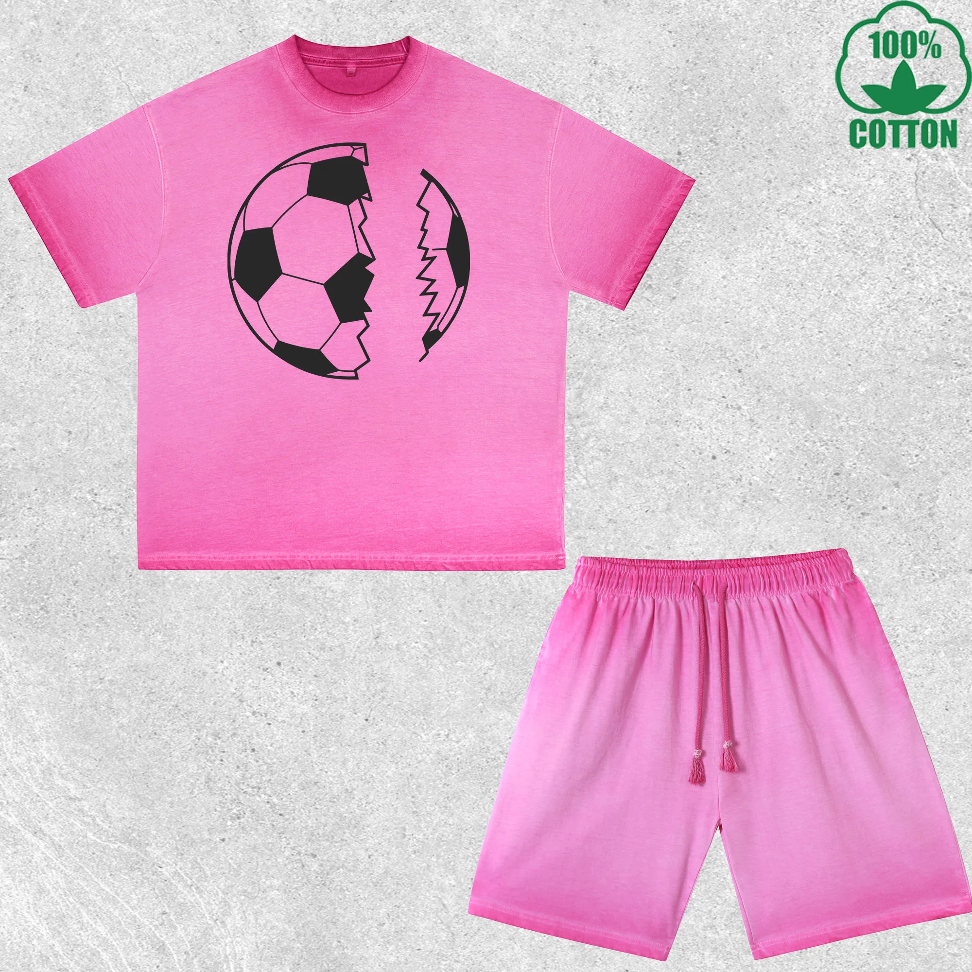 

Broken Football Printed Dirty Wash T-Shirt Shorts Set Multicolor Combo Loose Trendy Fashionable 100%Cotton Short Value Pack