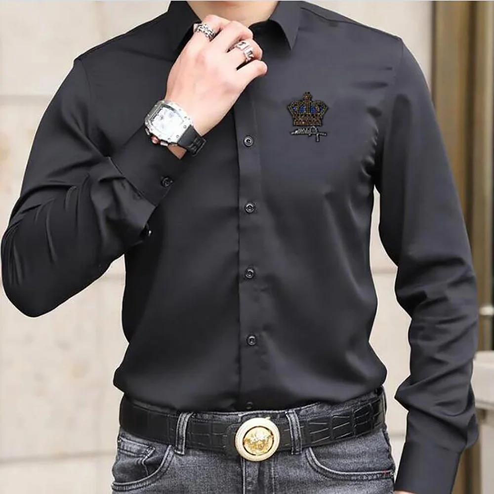 Fashion Rhinestones  Men Shirt 2023 Breathable High quality Casual Long Sleeve Brand Men Dress Shirts 084