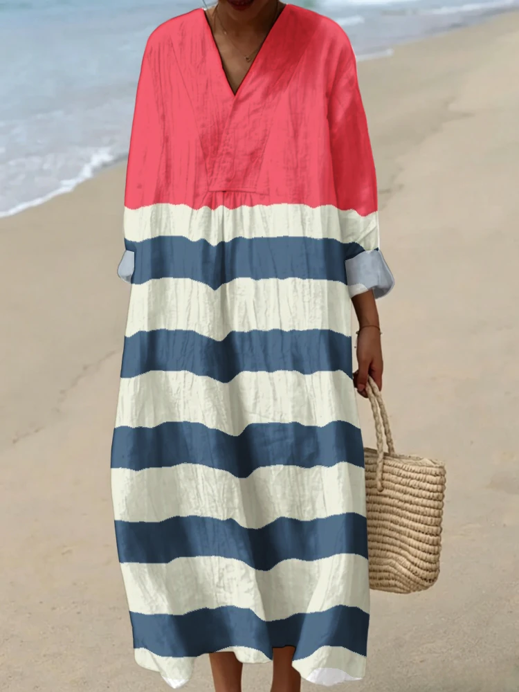 

Summer Casual Maxi Dress Women's Loose V-Neck 3/4 Sleeve Geometric Brushstroke Details Sundress Comfortable Relaxed Fit Robe