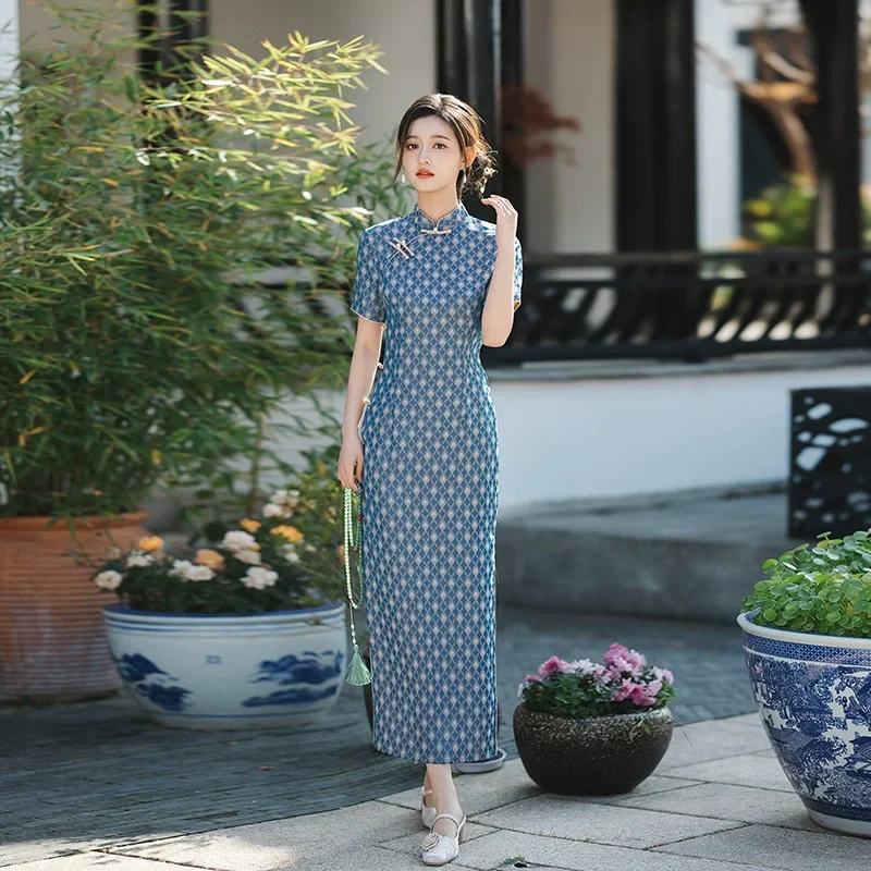 

Blue Chinese Style Print Mandarin Collar Qipao New Long Cheongsam Women's Elegant Qipao Sleeveless Dress Sexy Vestidos