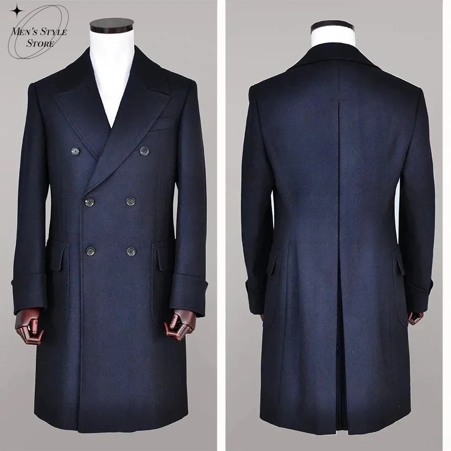 

Mens Double-Breasted Wool Blend Mid-Length Coat Black Navy Grey Slim Fit Jacket Winter Warm Formal Business Casual Overcoat