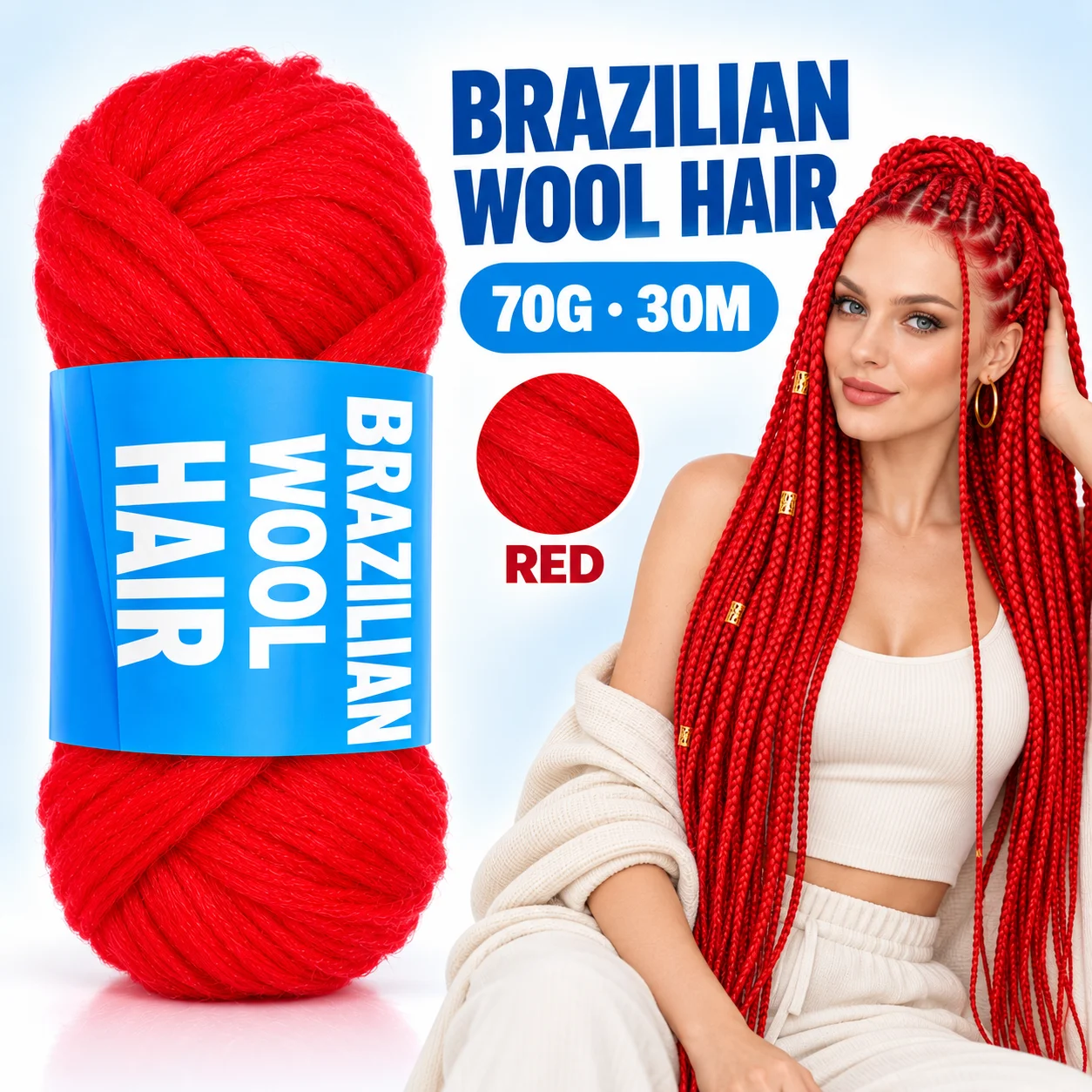 Soft Acrylic Brazilian Wool Yarn 70g 30M Red Braiding Yarn for Faux Locs Senegalese Twist Jumbo Crochet Hairstyles
