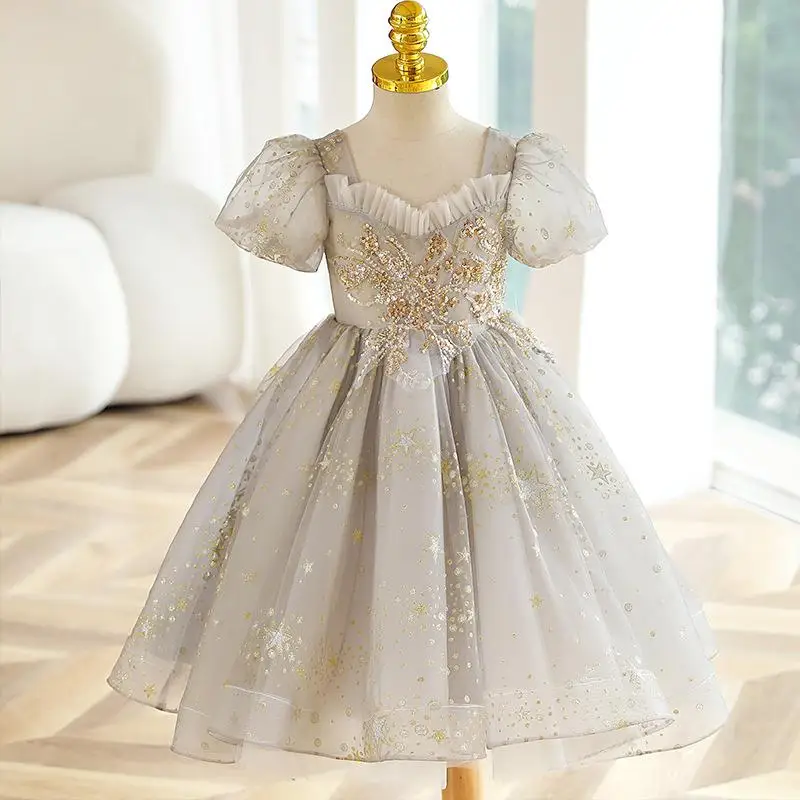 2024 Young Girls Sequined Dress Kids Girl Puff Sleeves Lace Beading Ball Gowns Children Birthday Party Pageant Formal Vestidos