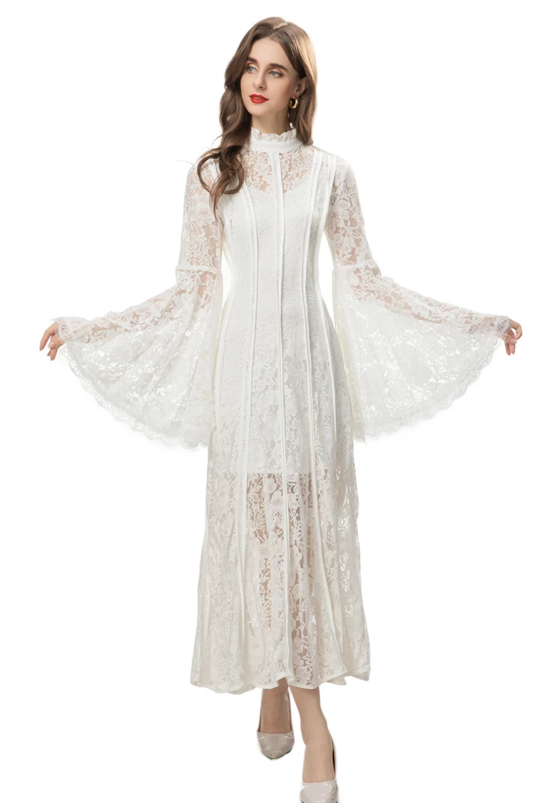 Women\'s Runway Dresses Stand Collar Flare Long Sleeves Embroidery Elegant Fashion Party Prom Gown