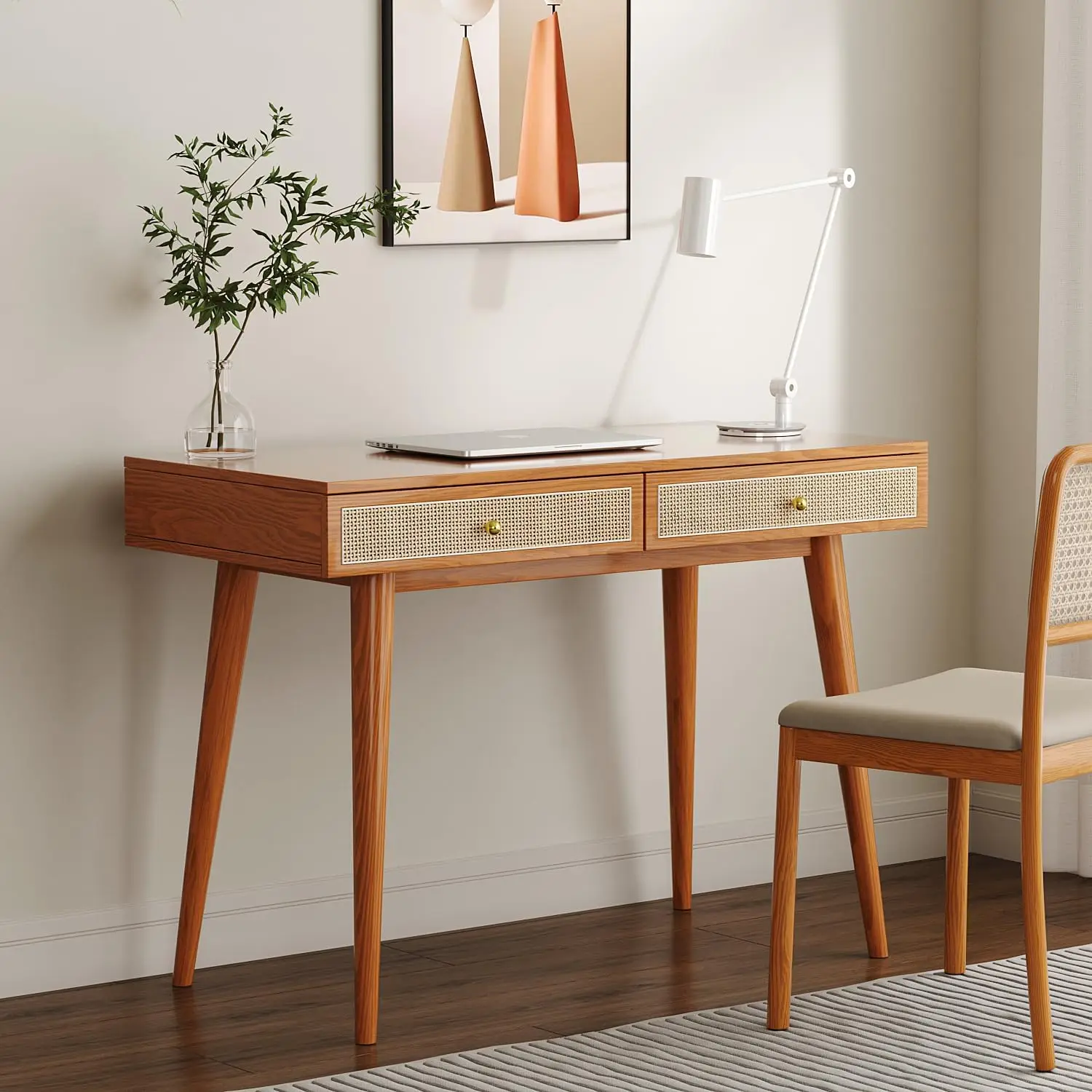 

！@Combohome Mid-Century Modern Solid Wood Desk with Drawers 45 Inch Small Boho Rattan Writing Desk for Home Office