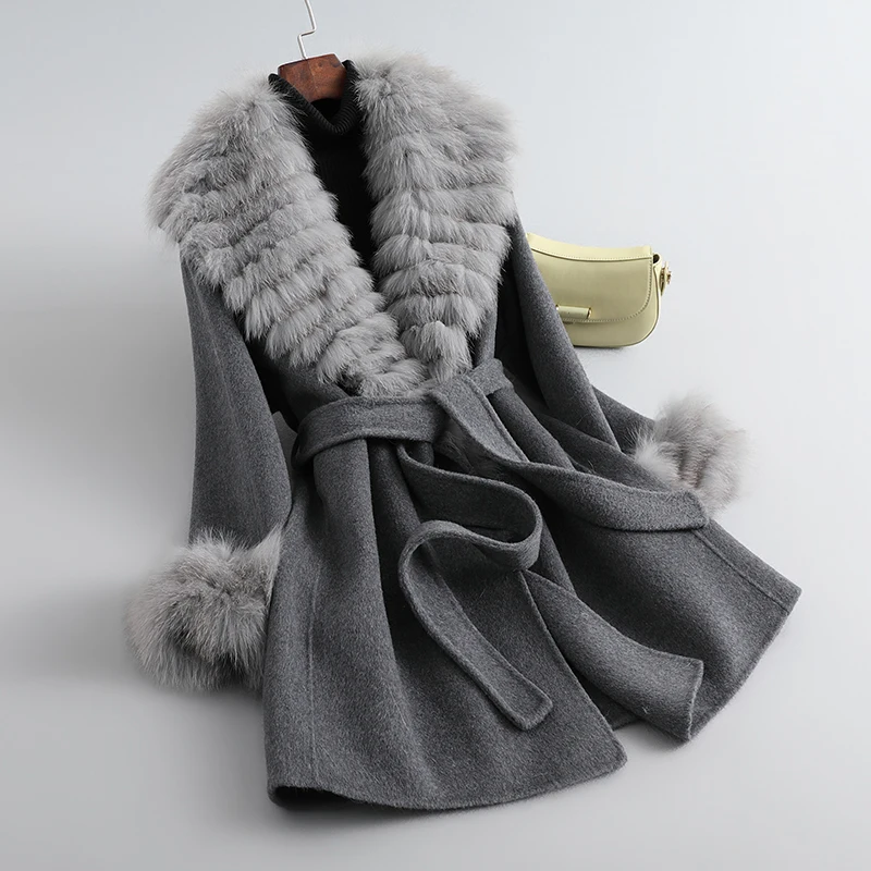 

2023 Autumn Winter Fox Fur Collar Wool Blend Coat Women Double-sided Cashmere Jacket Medium-length Classic Style Parka JT3406